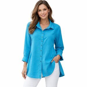 Ali Miles Tunic Blouse Womens Large Blue Collared Button Front Top Long Sleeve